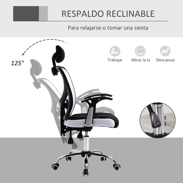 Kontorsstol - Skrivbordsstol - Ergonomisk - Justerbar höjd - Lutningsbar rygg - Justerbart nackstöd - 360° svängbar - Tyg 62x67x118 cm - Vit