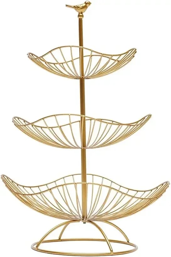 Frugtstativ - 3-etagers Frugtkurv - Dekorativ - Bakker 20 cm, 25 cm, 31 cm - Til Køkken og Stue - Guld