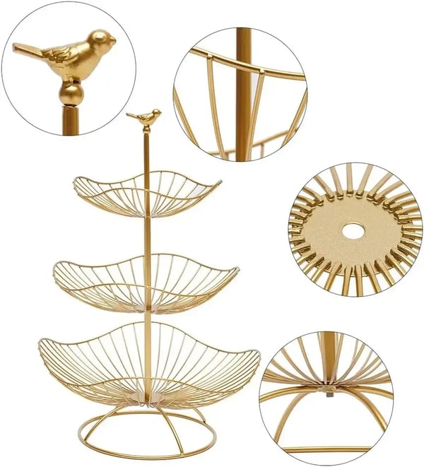 Hedelmävati - 3-tasoinen Hedelmäkoriteline - Koristeellinen - Vatit 20 cm, 25 cm, 31 cm - Keittiöön ja Olohuoneeseen - Kulta