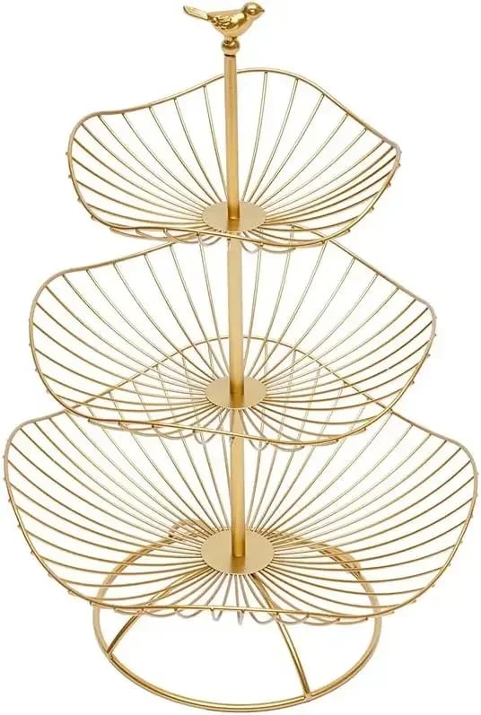 Hedelmävati - 3-tasoinen Hedelmäkoriteline - Koristeellinen - Vatit 20 cm, 25 cm, 31 cm - Keittiöön ja Olohuoneeseen - Kulta