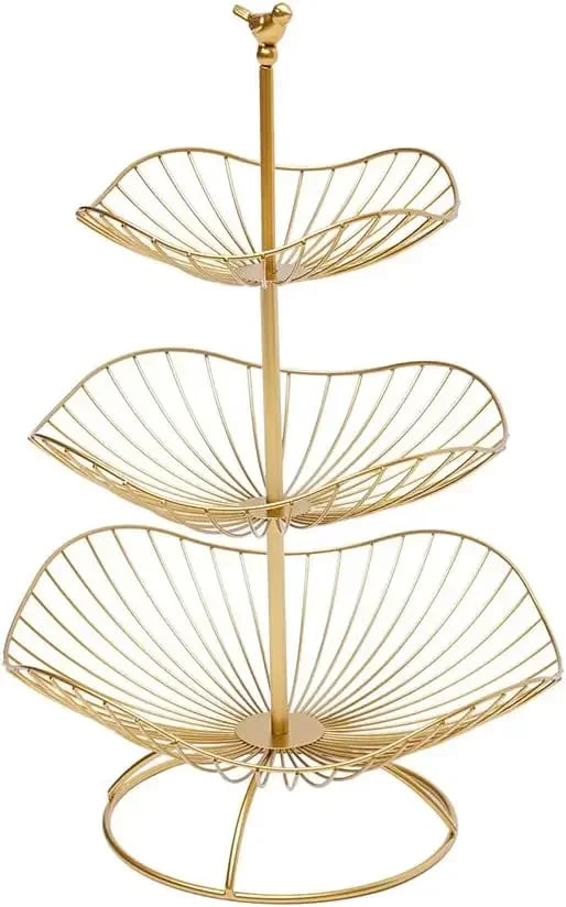 Hedelmävati - 3-tasoinen Hedelmäkoriteline - Koristeellinen - Vatit 20 cm, 25 cm, 31 cm - Keittiöön ja Olohuoneeseen - Kulta