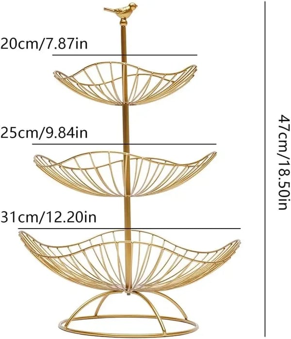 Hedelmävati - 3-tasoinen Hedelmäkoriteline - Koristeellinen - Vatit 20 cm, 25 cm, 31 cm - Keittiöön ja Olohuoneeseen - Kulta