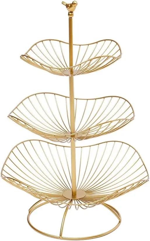 Hedelmävati - 3-tasoinen Hedelmäkoriteline - Koristeellinen - Vatit 20 cm, 25 cm, 31 cm - Keittiöön ja Olohuoneeseen - Kulta