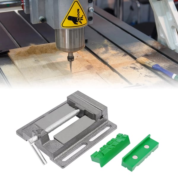 Søjleboremaskine skruestik - 10 cm maskinskruestik - Magnetiske antiskrid kæber - 3-delt sæt - Støbejern/stål - Til træ, metal, plast - Grå