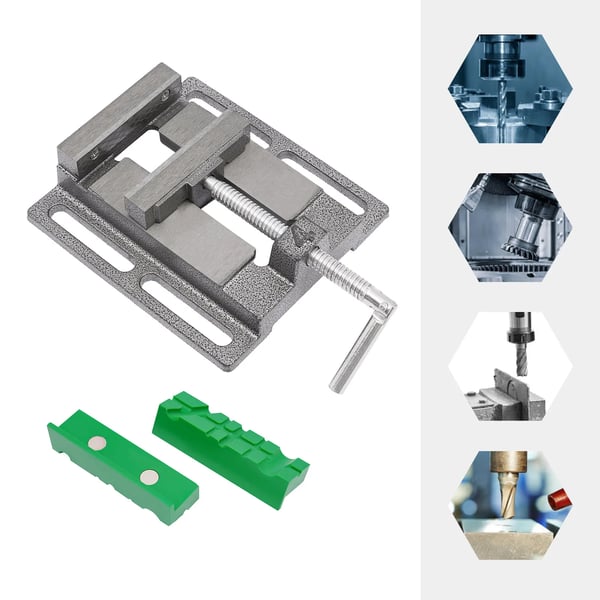 Søjleboremaskine skruestik - 10 cm maskinskruestik - Magnetiske antiskrid kæber - 3-delt sæt - Støbejern/stål - Til træ, metal, plast - Grå