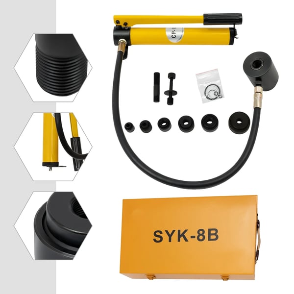 Hydraulisk hulstanssæt - 10 ton - Til stålplade og metal - Rund hulstans til rør/plade - Manuel hydraulikpumpe - Kuffert