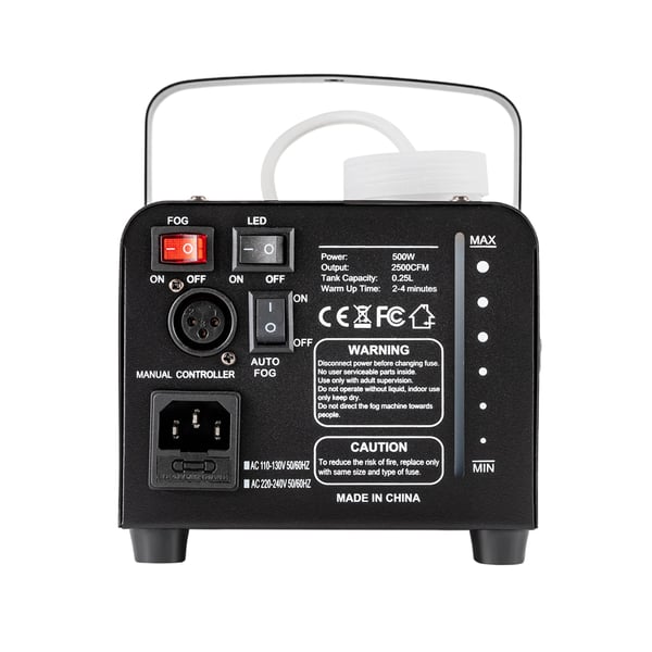 Røgmaskine - LED-500 - 500 W, 18 RGB-LED, 13 Farver, 2500 CFM, 250 ml Tank, Trådløs fjernbetjening - Sort