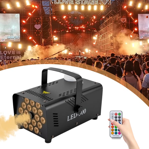 Røgmaskine - LED-500 - 500 W, 18 RGB-LED, 13 Farver, 2500 CFM, 250 ml Tank, Trådløs fjernbetjening - Sort