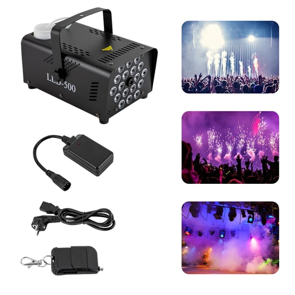 Røgmaskine - LED-500 - 500 W, 18 RGB-LED, 13 Farver, 2500 CFM, 250 ml Tank, Trådløs fjernbetjening - Sort