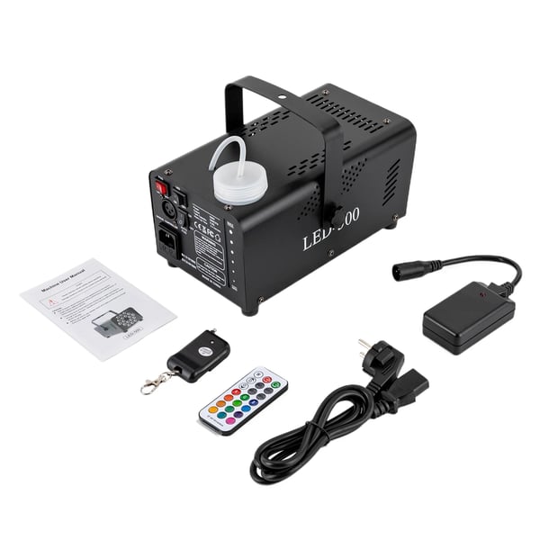 Røgmaskine - LED-500 - 500 W, 18 RGB-LED, 13 Farver, 2500 CFM, 250 ml Tank, Trådløs fjernbetjening - Sort