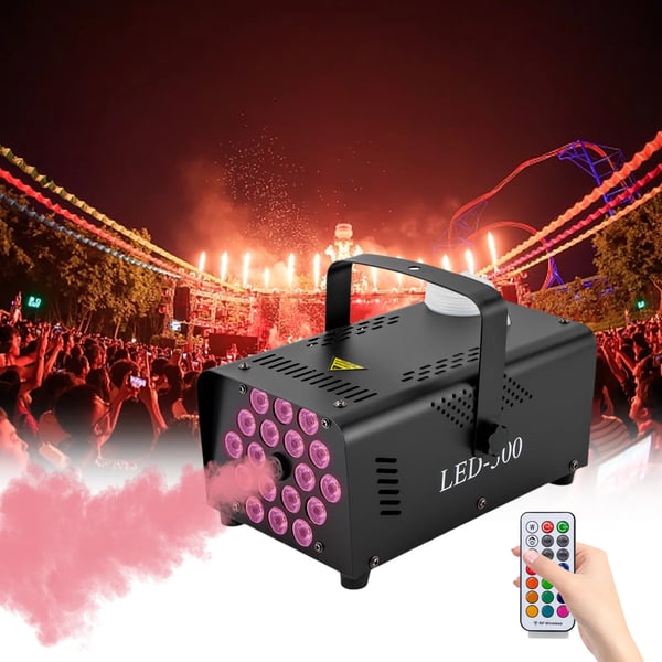 Røgmaskine - LED-500 - 500 W, 18 RGB-LED, 13 Farver, 2500 CFM, 250 ml Tank, Trådløs fjernbetjening - Sort