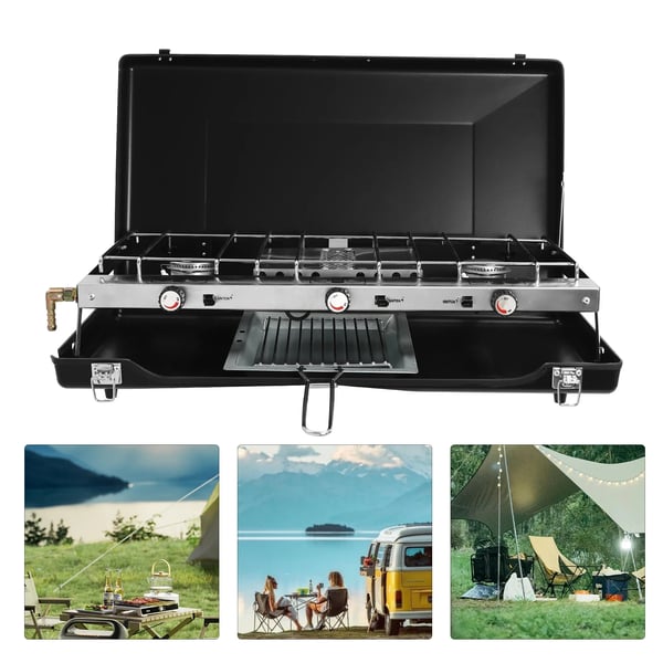 Camping gaskomfur - 3-brænder - Sammenklappelig - Bærbar - Med tænding - Metal - Sort