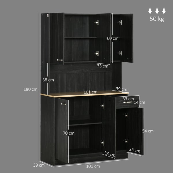 Köksskåp - Högskåp/Skafferiskåp - 1 låda - 6 dörrar - Justerbara hyllor - Modern design - 101×39×180 cm - Montering krävs - Svart