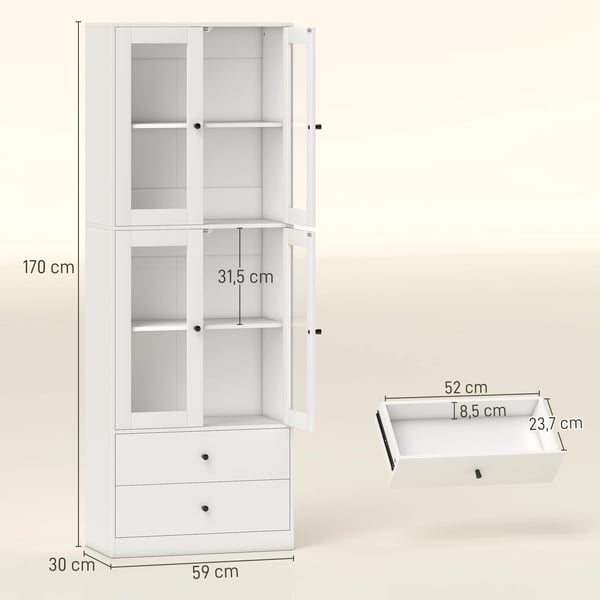 Köksskåp - Högskåp - 4 glasdörrar - 2 lådor - Justerbara hyllor - 59×30×170 cm - Montering krävs - Vit