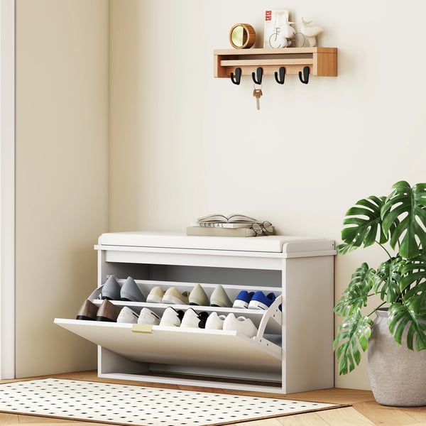 Skobänk - Förvaringsbänk - Vadderad Sits - Fällbar Låda - Justerbar Hylla - För Hall eller Sovrum - 80×26×47,5 cm - Vit