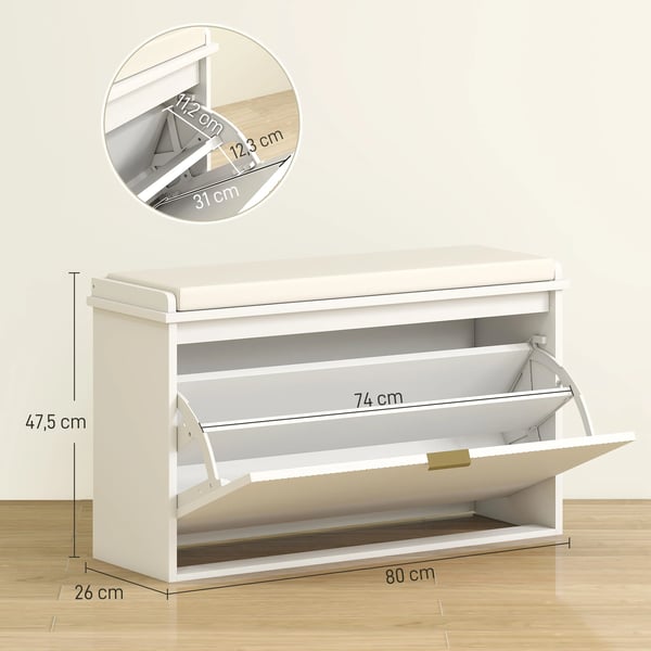 Skobänk - Förvaringsbänk - Vadderad Sits - Fällbar Låda - Justerbar Hylla - För Hall eller Sovrum - 80×26×47,5 cm - Vit