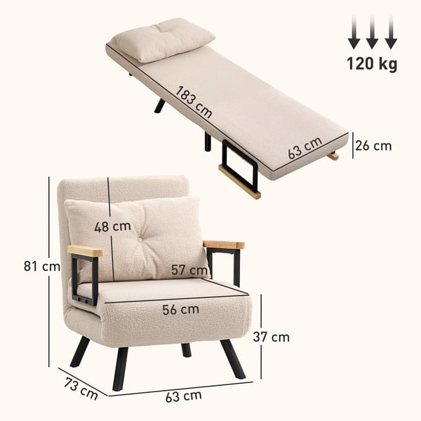 Fällbar bäddfåtölj - 1-person - 4-i-1 - 5-läges justerbart ryggstöd - Med kudde - 63 x 73 x 81 cm - Mörkgrå