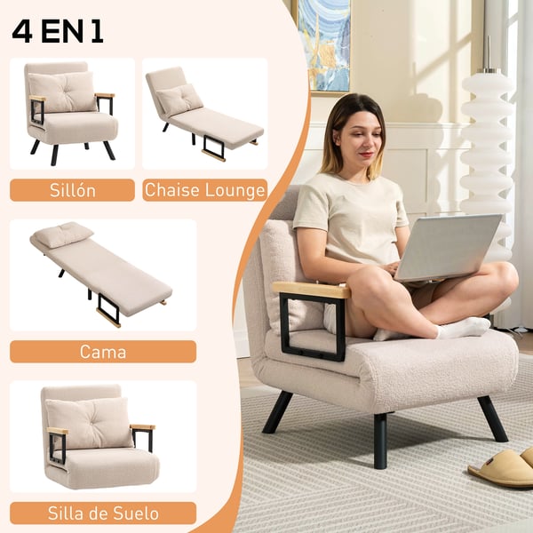 Fällbar bäddfåtölj - 1-person - 4-i-1 - 5-läges justerbart ryggstöd - Med kudde - 63 x 73 x 81 cm - Mörkgrå
