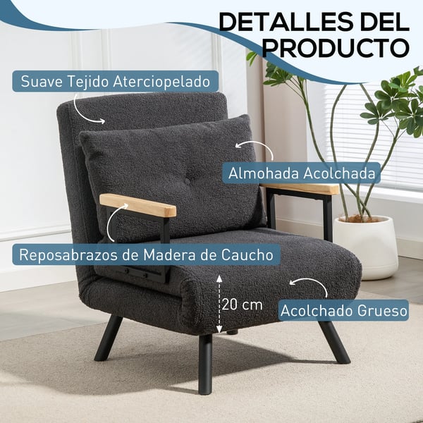 Bäddfåtölj - Fällbar 1‑sits sängfåtölj - 4‑i‑1, 5‑läges ryggstöd, med kudde, 63×73×81 cm - Beige