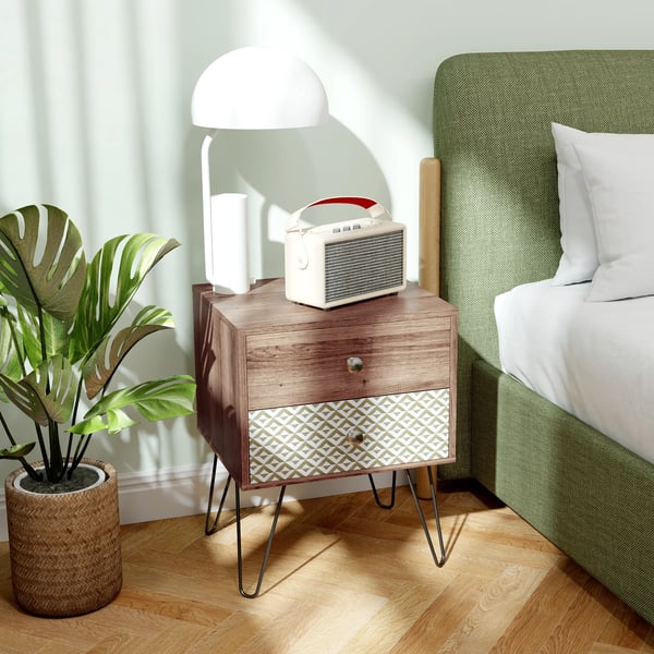 Sängbord - Nattduksbord - 2 Lådor - Stålben - Modern Marockansk/Boho - 45 x 39 x 55,5 cm - Brun