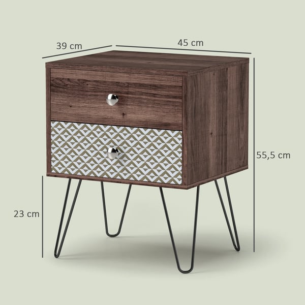 Sängbord - Nattduksbord - 2 Lådor - Stålben - Modern Marockansk/Boho - 45 x 39 x 55,5 cm - Brun
