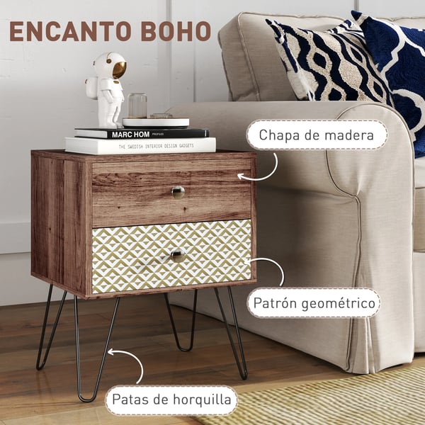 Sängbord - Nattduksbord - 2 Lådor - Stålben - Modern Marockansk/Boho - 45 x 39 x 55,5 cm - Brun