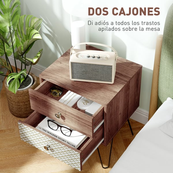 Sängbord - Nattduksbord - 2 Lådor - Stålben - Modern Marockansk/Boho - 45 x 39 x 55,5 cm - Brun