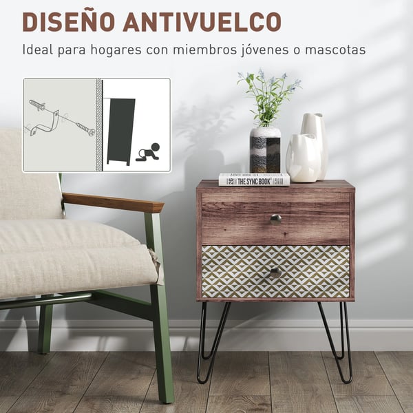 Sängbord - Nattduksbord - 2 Lådor - Stålben - Modern Marockansk/Boho - 45 x 39 x 55,5 cm - Brun