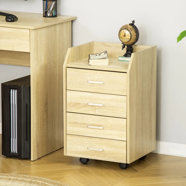 Kontorshurts - Arkivskåp - 4 Lådor - Övre Hylla - 4 Hjul, 2 Bromsar - 40×36×65 cm - Naturträ