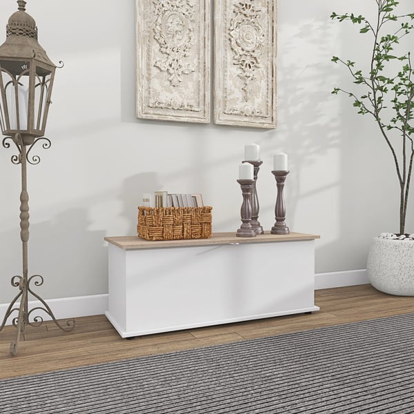 Förvaringskista - Trälåda med lock - Maxbelastning 120 kg - 100×40×40 cm - För sovrum/vardagsrum - Natur/Vit