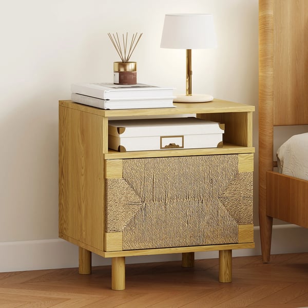 Boho nattduksbord - Sovrumsmöbel - Modern marockansk stil, Dörr i papperssnöre, Push-to-open, Öppen hylla, 45×39×50 cm - Ek