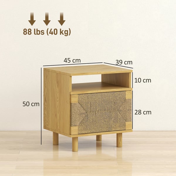 Boho nattduksbord - Sovrumsmöbel - Modern marockansk stil, Dörr i papperssnöre, Push-to-open, Öppen hylla, 45×39×50 cm - Ek