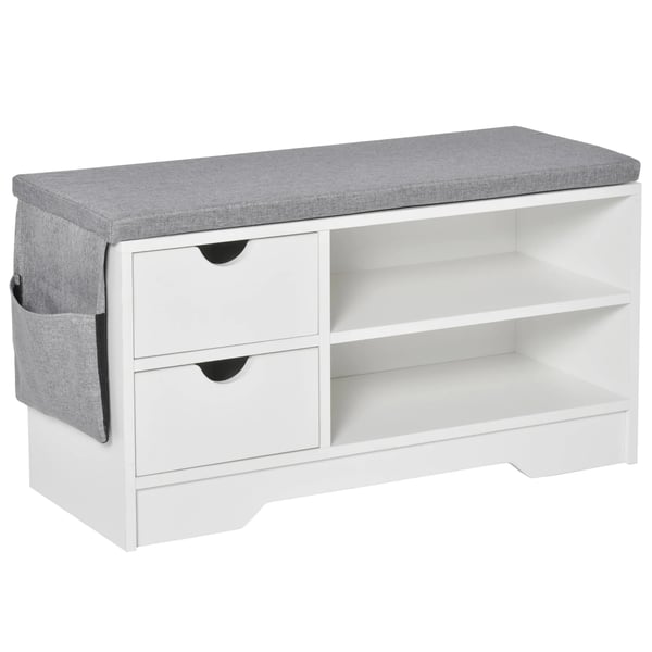 Skobänk - Sittbänk med hyllor och 2 lådor - Rymmer 4 par skor - 80.5x30.5x43.5 cm - Vit och grå Skobänk - Sittbänk med hyllor och 2 lådor - Rymmer 4 par skor - 80.5x30.5x43.5 cm - Vit och grå