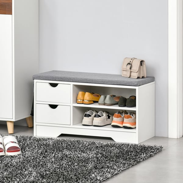 Skobänk - Sittbänk med hyllor och 2 lådor - Rymmer 4 par skor - 80.5x30.5x43.5 cm - Vit och grå