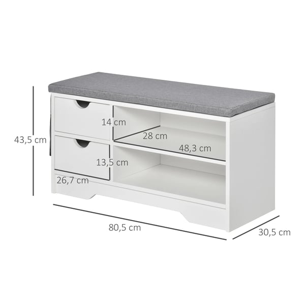 Skobänk - Sittbänk med hyllor och 2 lådor - Rymmer 4 par skor - 80.5x30.5x43.5 cm - Vit och grå