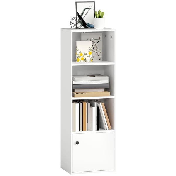 Bokhylla - Bokhylla Med Dörr - 4 Hyllplan, Öppna Hyllor, 40×30×120 cm, Smal Design - Vit