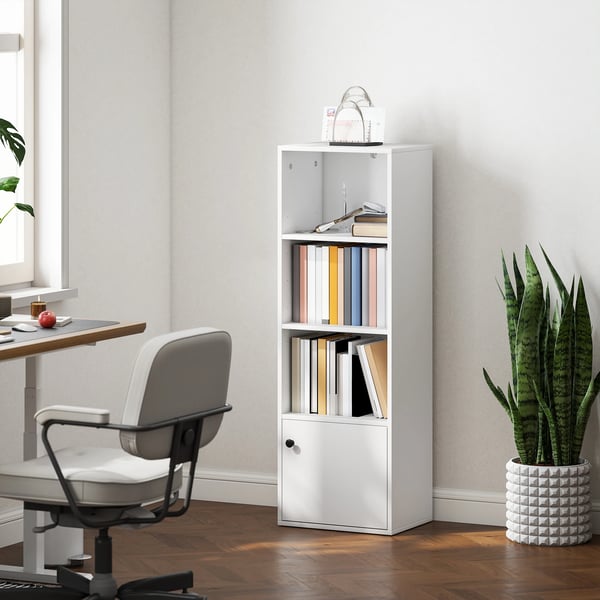 Bokhylla - Bokhylla Med Dörr - 4 Hyllplan, Öppna Hyllor, 40×30×120 cm, Smal Design - Vit