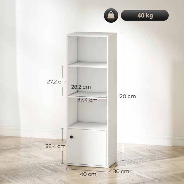 Bokhylla - Bokhylla Med Dörr - 4 Hyllplan, Öppna Hyllor, 40×30×120 cm, Smal Design - Vit