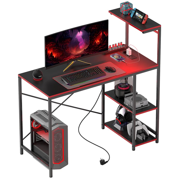 Gamingbord - Datorskrivbord - Kolfiberyta - LED-belysning med fjärrkontroll - 110 x 50 cm - Eluttag - Hyllor - Rektangulär design - Svart