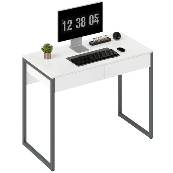 Skrivbord - Datorbord - Två lådor - 100×50×75 cm - Stålben - Kompakt för små utrymmen - Rektangulär - Högblank vit