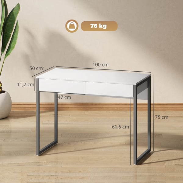 Skrivbord - Datorbord - Två lådor - 100×50×75 cm - Stålben - Kompakt för små utrymmen - Rektangulär - Högblank vit
