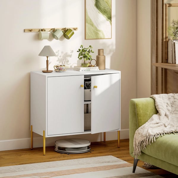 Sideboard - Skänk - 2 Dörrar - Justerbara Hyllor - Toppskiva i Marmorlook - Stålben - Melamin - 80 x 39,1 x 76 cm - Vit