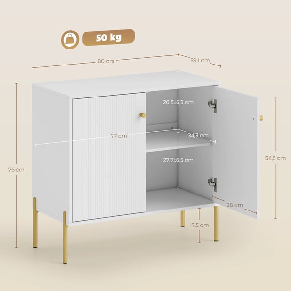 Sideboard - Skänk - 2 Dörrar - Justerbara Hyllor - Toppskiva i Marmorlook - Stålben - Melamin - 80 x 39,1 x 76 cm - Vit