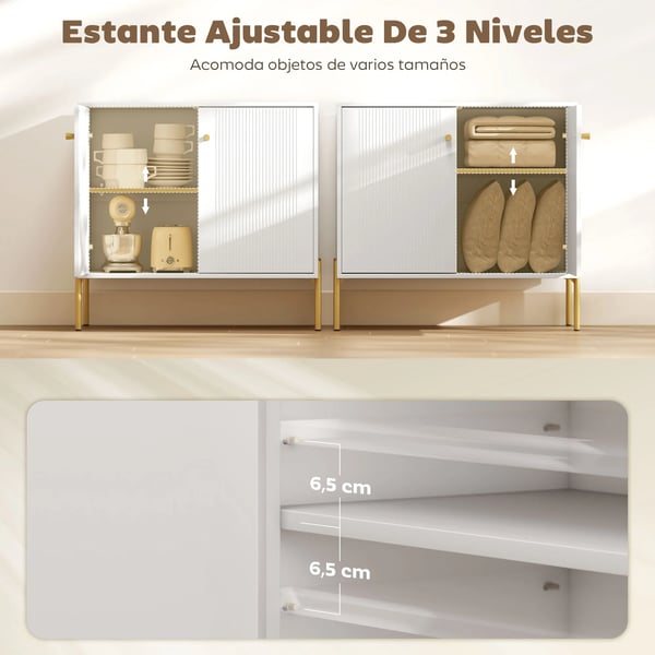 Sideboard - Skänk - 2 Dörrar - Justerbara Hyllor - Toppskiva i Marmorlook - Stålben - Melamin - 80 x 39,1 x 76 cm - Vit