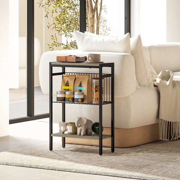 Smal sidobord - Avlastningsbord - 3 hyllplan - Öppna hyllor - Trä - 43×18×62,5 cm - Grå