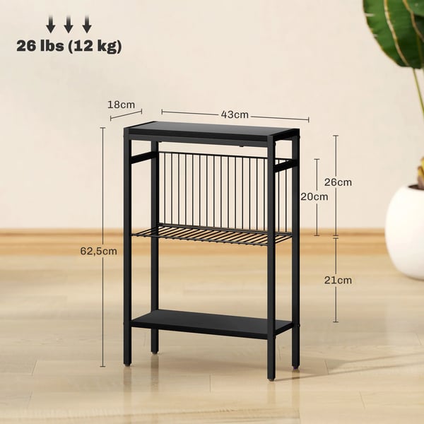 Smal sidobord - Avlastningsbord - 3 hyllplan - Öppna hyllor - Trä - 43×18×62,5 cm - Grå