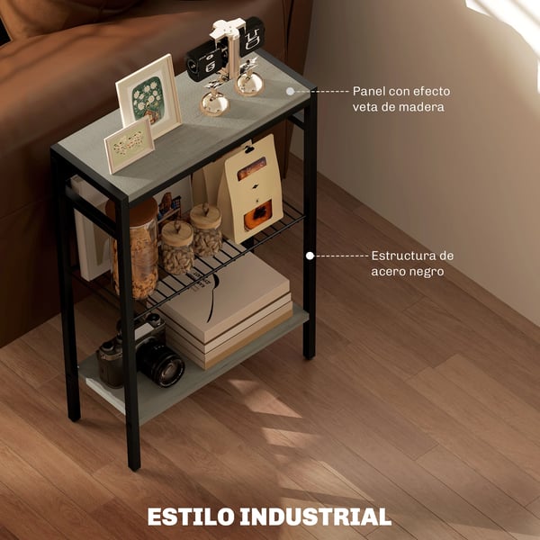 Smal sidobord - Avlastningsbord - 3 hyllplan - Öppna hyllor - Trä - 43×18×62,5 cm - Grå