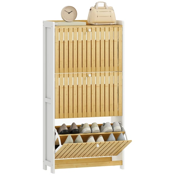 Skoskåp - Smal design - 3 bambudörrar med lameller - Justerbara hyllor - Rymmer ca 18 par - 60x24x118 cm - Vit