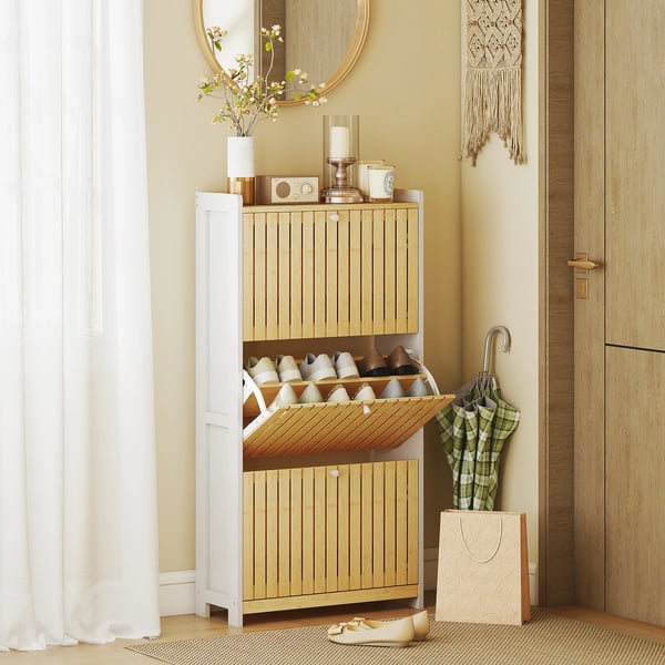 Skoskåp - Smal design - 3 bambudörrar med lameller - Justerbara hyllor - Rymmer ca 18 par - 60x24x118 cm - Vit