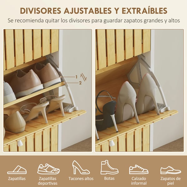 Skoskåp - Smal design - 3 bambudörrar med lameller - Justerbara hyllor - Rymmer ca 18 par - 60x24x118 cm - Vit